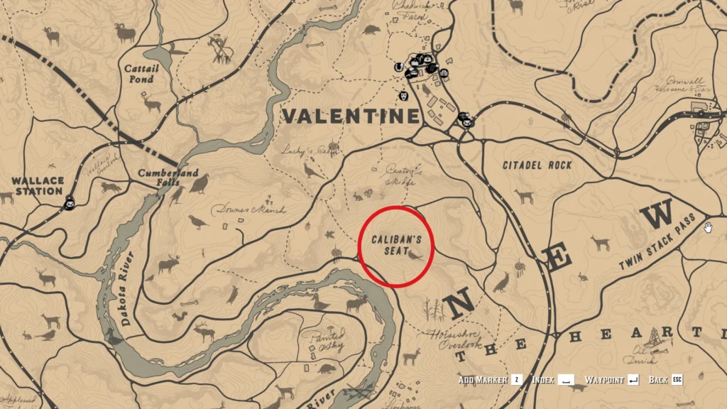 RDR2 Jack Hall Map 1 Caliban's Seat cliffs, Dakota River
