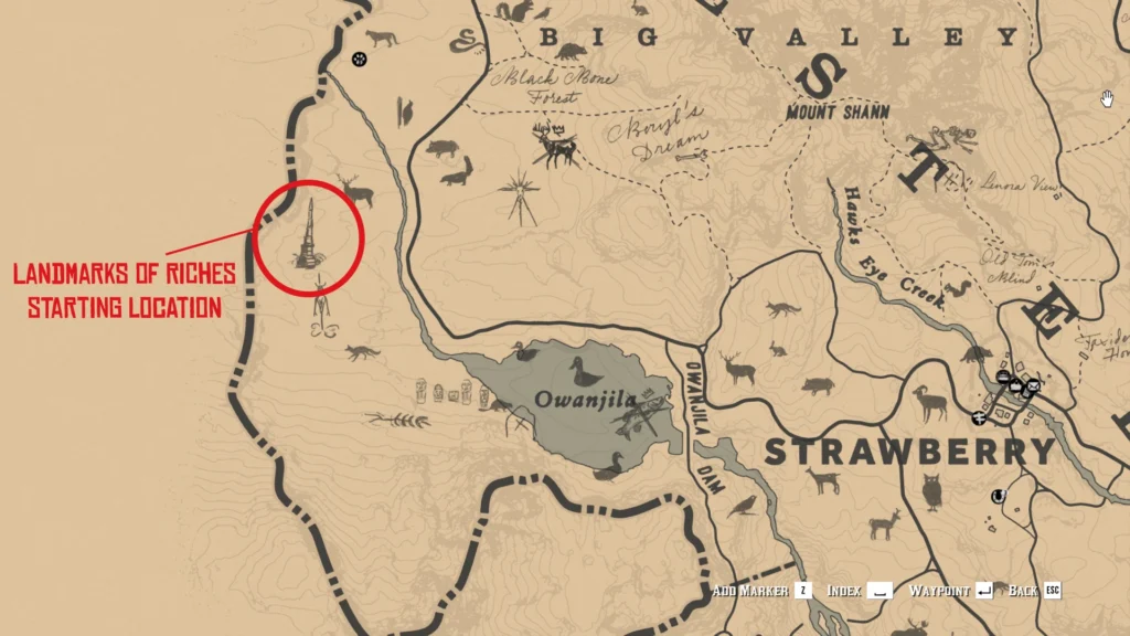 RDR2 Landmarks start Map 1 at Owanjila Obelisk