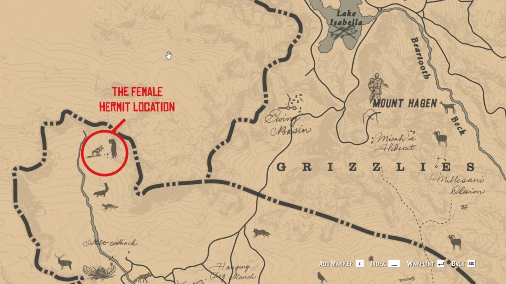 rdr2 Map location for the Female Hermit northwest of Wallace Station