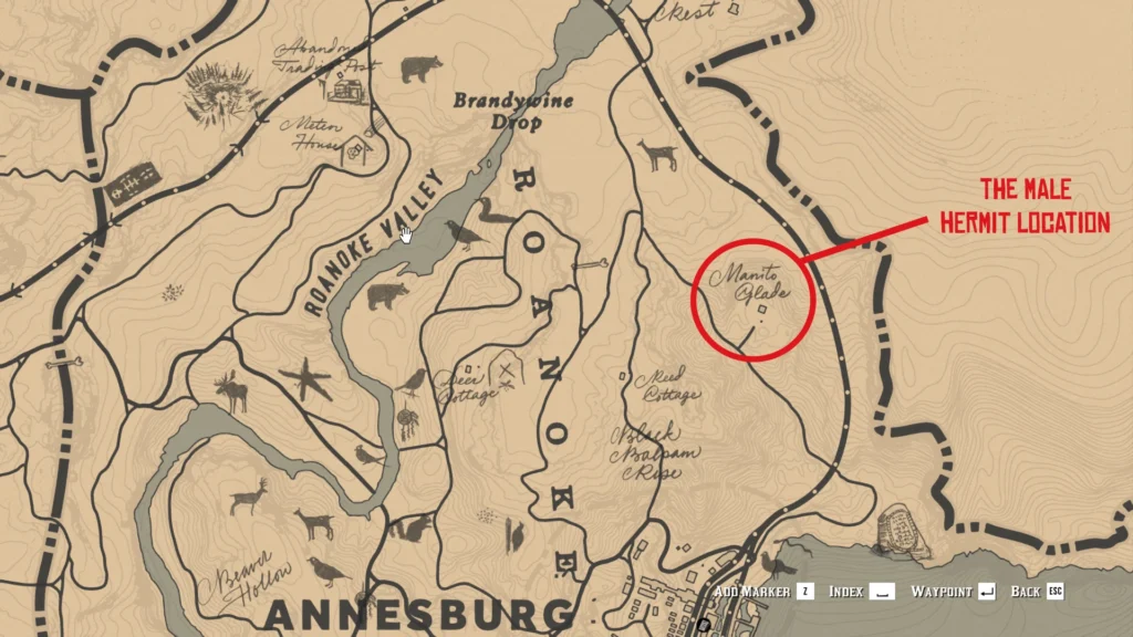 rdr2 Map location for the Male Hermit at Manito Glade, north of Annesburg