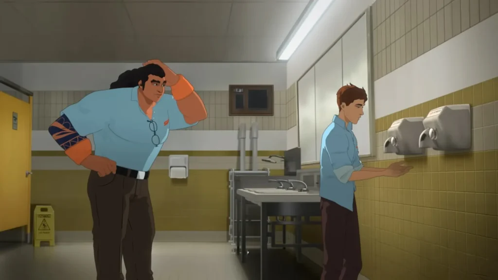 Loyd and Robert meets in bathroom