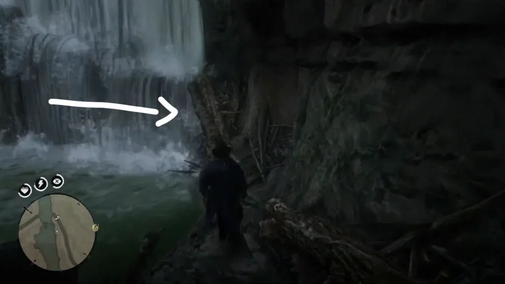 RDR2 A fallen log leading to a hidden cave behind Cumberland Falls the high stakes treasure