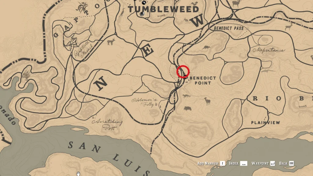 RDR2 Map location at Benedict Point showing the water flume for the second treasure clue