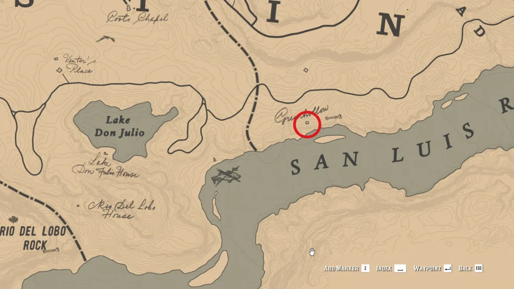 RDR2 Map location east of Lake Don Julio at Greenhollow for the first treasure clue