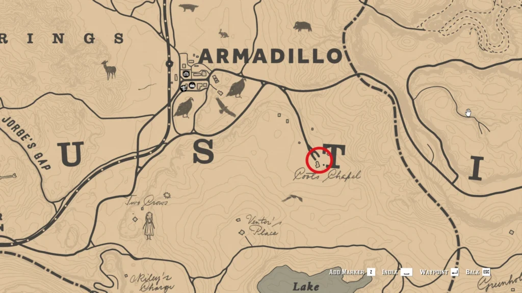 RDR2 Map location south of Armadillo at Coot's Chapel for the final treasure reward