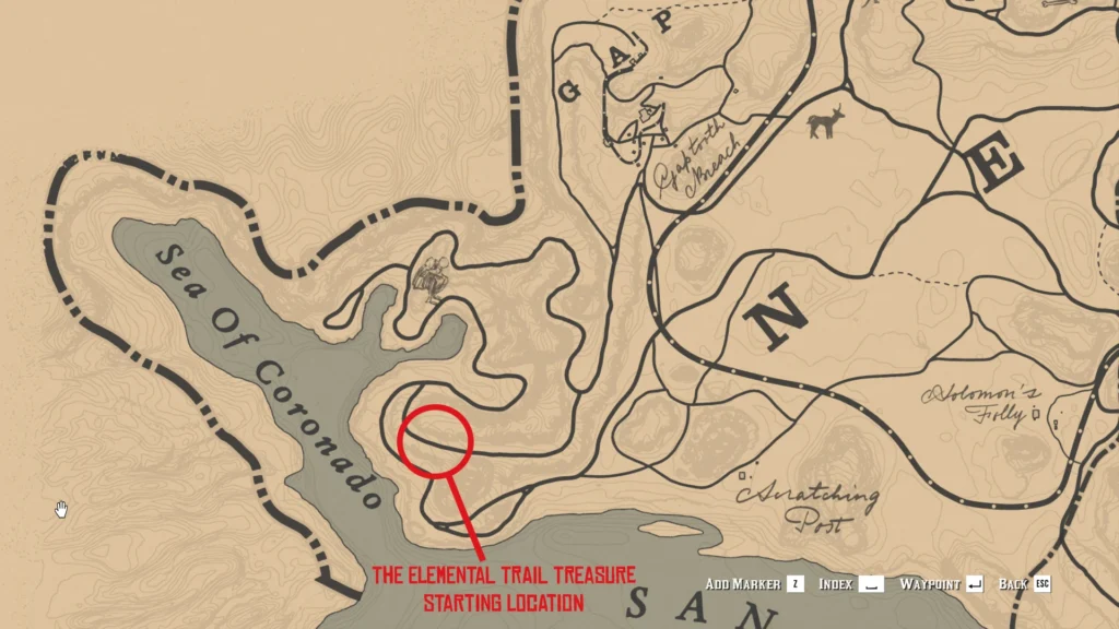 RDR2 Map location west of Tumbleweed near Sea of Coronado for Elemental Trail start