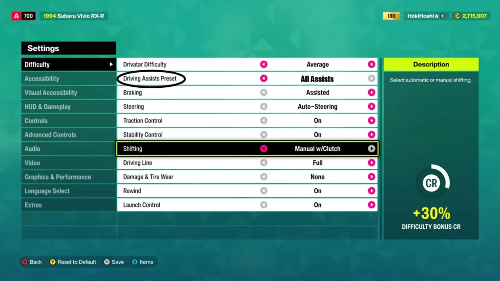Driving Assists preset to All Assists