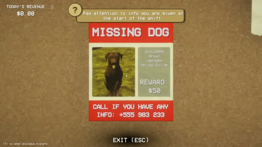 Missing dog notice in Shift at Midnight describing a brown Labrador with a yellow collar and a reward