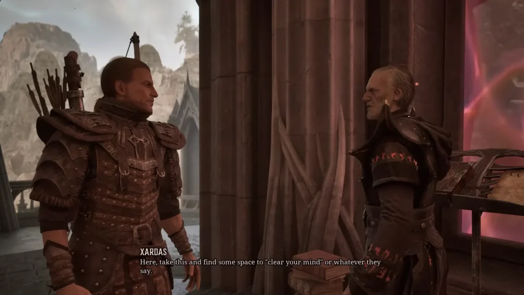 Talking to Xardas to receive your next quest in Gothic Remake 