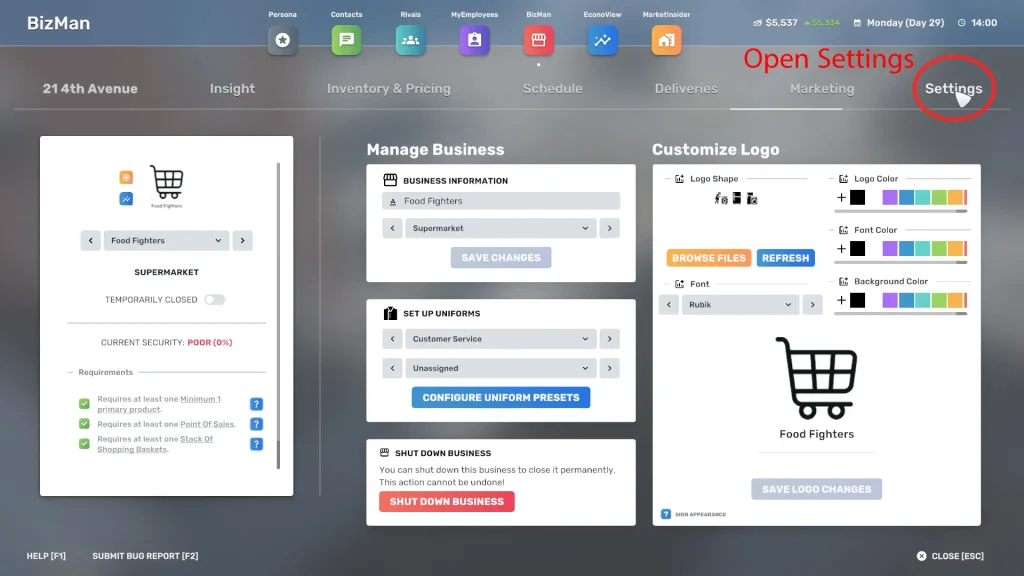 Open settings for setting up uniform