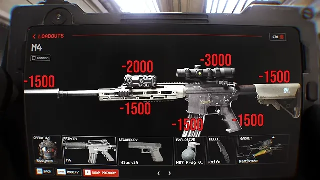 Bodycam tactical tablet menu showing weapon attachments and loadout items unlocked with Reissad Points